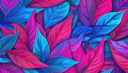 The background has magenta and azure tropical leaves. (Generative AI)