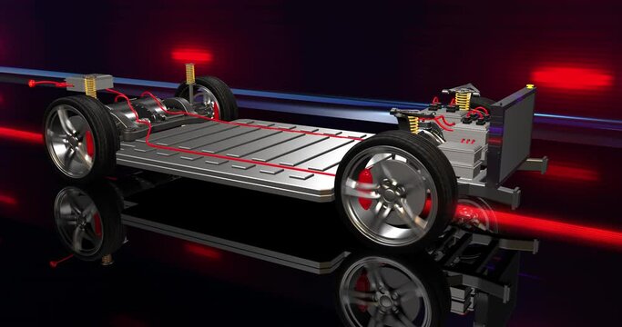 Electric car chassis slowly moving then battery pack cover is opening. Sustainable energy. Futuristic technology 4k 3d concept animation.