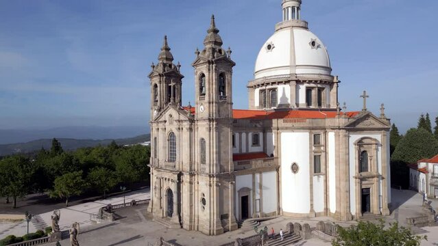 Aerial jib shot showing the historic Shrine of Our Lady of Sameiro, one of the most visited sites of Marian worship, located on top of Mount Sameiro in Braga, northern Portugal.