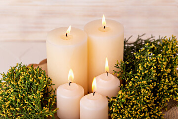 Burning candles and fresh green with yellow cones juniper branches on wooden background close-up. The concept of coziness, peace, relaxation