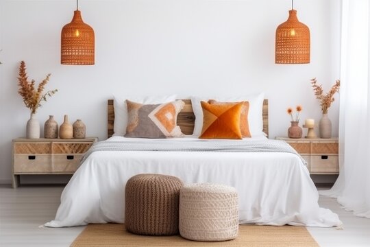 Fototapeta design orange lamp bed fall home bedroom decor pillow interior modern. Generative AI.