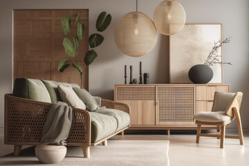 Trendy minimalistic japandi modern interior living room in beige tones. Photorealistic illustration generative AI. - obrazy, fototapety, plakaty