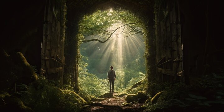 Rear view of a person discovering a hidden portal within a sunlit forest, leading to an alternate dimension where summer never ends, concept of Enchanted revelry, created with Generative AI technology