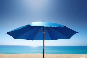 Fototapeta na wymiar Blue umbrella on the beach with blue sky background, minimalistic design. Generative AI.