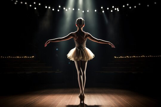Fototapeta Back view of young ballerina in tutu dancing on stage with spotlights. Generative AI.