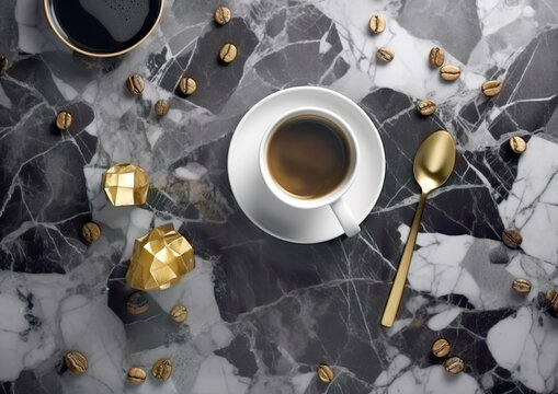 A luxurious coffee setup with a white cup on a marble surface, accented by golden spoons and coffee beans. AI generated.