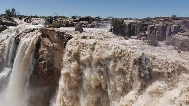 The Augrabies waterfall during a flood. Viewpoints are visible