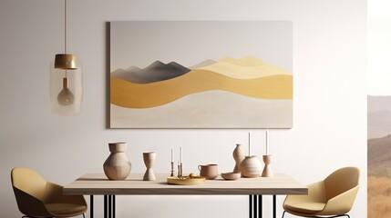  a table with vases on it and a painting on the wall above it in a room with a chair and a painting on the wall.  generative ai
