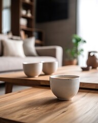 Naklejka na ściany i meble A white coffee cup sits on a wooden table with living room backdrop. (Generative AI)