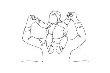 Single one-line drawing father carrying his child on his back. Father's Day concept. Continuous line draw design graphic vector illustration.