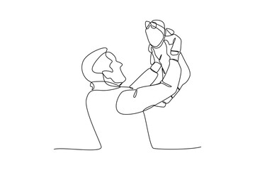 Single one-line drawing baby in his father's arms. Father's Day concept. Continuous line draw design graphic vector illustration.