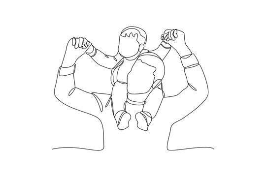 Single one-line drawing father carrying his child on his back. Father's Day concept. Continuous line draw design graphic vector illustration.
