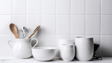Kitchen Utensils against plain on white wall with copy space. (Generative AI)