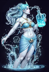 Aquarius Goddess with water jug.  Zodiac Illustration. Generative AI. 