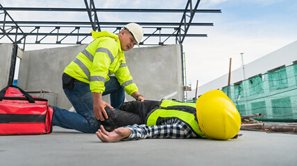 Construction site workers fall from heights, scaffolding with construction supervision engineers...