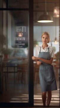 Caucasian blonde waitress at door of small business leaning on glass door in cafeteria. Generative AI