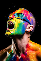 Studio photo of young man with long hair, bare-chested, lgtb rainbow, with streamers and holi powder floating around him, on dark background. Party concept, celebration, lgtbi, gay.AI generated image