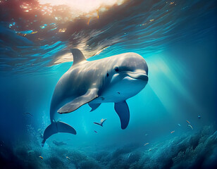 Portraits of dolphins playing underwater with sunlight shining through the surface of the sea.Generative Ai.