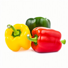 Organic green, red, and yellow peppers are isolated on white background.
