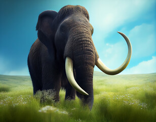 Fototapeta na wymiar Panoramic shot of mammoth standing in the meadow at sunset.Generative Ai.