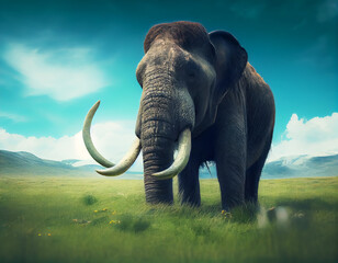 Fototapeta na wymiar Panoramic shot of mammoth standing in the meadow at sunset.Generative Ai.