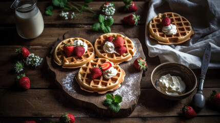 Fresh Waffles with Strawberries and Cream on a Rustic Table