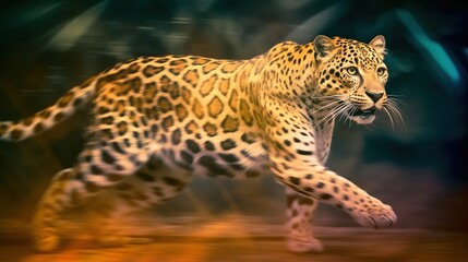 Naklejka na ściany i meble a digital painting of a leopard running in the dark night with lights behind it and a blurry background behind the image of a leopard. generative ai