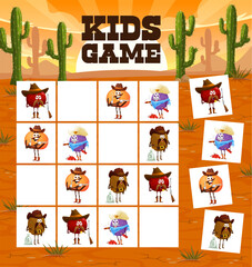 Sudoku game cartoon fruit cowboy, ranger, sheriff and robber characters. Kids vector riddle with plum, mandarin and kiwi western comic personages on board. Children task, teaser recreation, boardgame