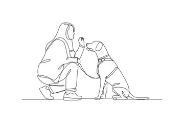 Single one-line drawing a woman playing with her pet. Urban pet concept. Continuous line draw design graphic vector illustration.