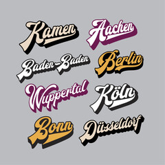 Fototapeta premium Set of German cities logos vector. Modern typography. Handmade lettering for apparel, sticker, souvenir, advertising, identity. Touristic art in high quality. Travel and adventure