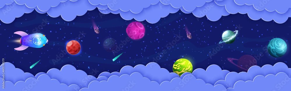 Poster space paper cut flying rocket, planets and asteroids in galaxy universe. cartoon vector shuttle trav