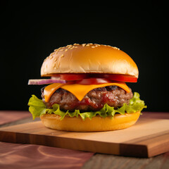 Hamburger meat and vegetables on a table  black background