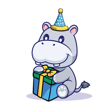 Cute hippo Birthday  cartoon vector icon illustration animal Birthday icon concept isolated premium