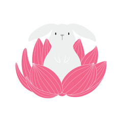 Kawaii rabbit, bunny in lotus flower illustration. Hand drawn cute cartoon animal character illustration. Flat style design, isolated vector. Mid Autumn Festival, Easter print element, Chinese zodiac