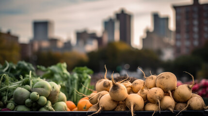 Urban Farm Produce with a Blurred City in the Background