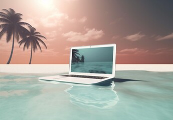 laptop summer tropical computer vacation travel tree concept beach palm. Generative AI.