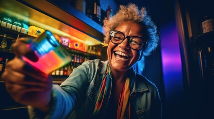 Photo of A happy - go - lucky woman flashing a smile as she pays her restaurant bill with a contactless credit card. Generative AI