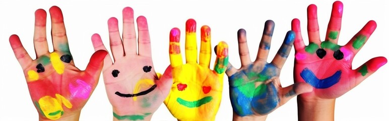hand smile finger artist concept art child paint fun colorful. Generative AI.