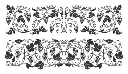 Grape vine ornament, wine border, vineyard branch pattern. Vector vintage decor with grapevine. monochrome sophisticated decorative print grapes bunches with leaves and berries retro victorian frame - obrazy, fototapety, plakaty