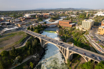 Aerial View of the Spokane River flowing through downtown Spokane Washington