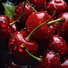 Macro close up photo of wet cherryes