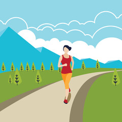 Fototapeta na wymiar flat design running young girls in the forest with mountain background