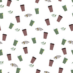 Coffee and tea in paper cup background.