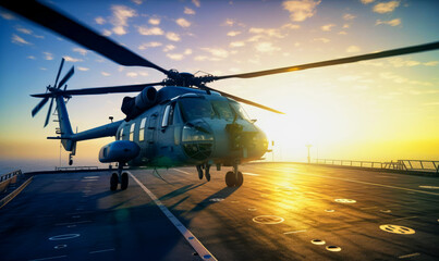 Fototapeta na wymiar Big helicopter landed on the ship in the ocean. Marine aviation on a mission. Generative AI.
