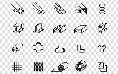 Metal products icons set. Steel structure and pipe. Outline signs for metallurgy products, construction industry. Lines with editable stroke