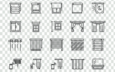 Window blinds icons set. blinds and jalouise line icons set. French, Austrian, Japanese, classic curtains, blinds, drapery, wicker, for the bathroom. Lines with editable stroke