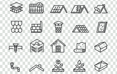 Roof icons set. housetop construction materials, waterproofing icon set. Outline set of roof vector icons for web design isolated on white background. Lines with editable stroke