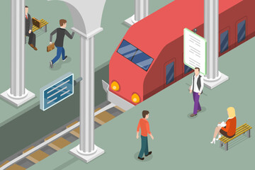 3D Isometric Flat Vector Conceptual Illustration of Metro Station, Arrival Passenger Express