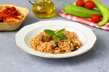 Turkish Stuffed Rice with Currants for Preparing Dolma in Plate with Spoon / Pilav or Pilaf. Traditional Food. Ready to Eat.	