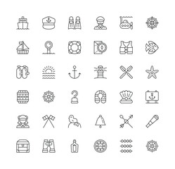 Marine thin line icon set. Outline web sign kit of nautical. Sea linear icons includes anchor, knot, wheel, rose wind. Simple marine black contour symbol isolated on white. Vector Illustration
